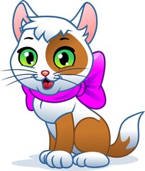 Spotted cat with a pink bow. Vector illustration.