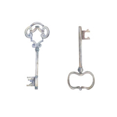 Set of two hand drawn watercolor vintage keys on white background. Element of Provence.
