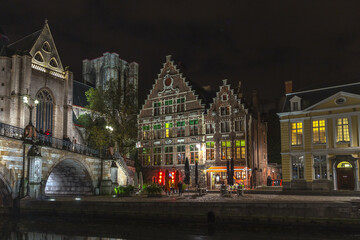 The night view of city Gent, Belgium