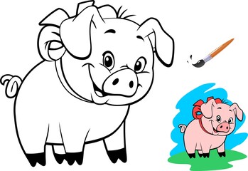 Funny cartoon baby pig. Coloring book for children.