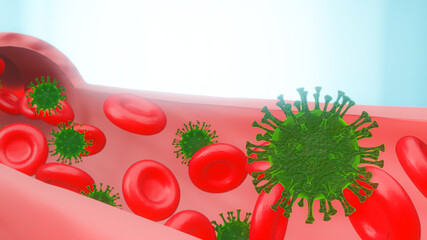 Viral infection of Coronavirus or COVID-19 in bloodstream under the microscope and blue gradient background. Pandemic medical health risk concept with disease cell. 3d rendering illustration.