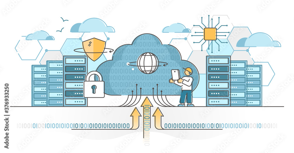 Poster data center servers for cloud hosting and storage service outline concept