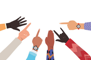 hands with number one and rock sign of different types of skins vector design