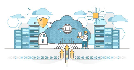 Data center servers for cloud hosting and storage service outline concept