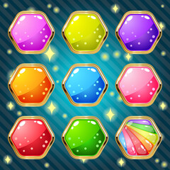 Hexagon jelly in border gold for match 3 puzzle game. Vector illustration.