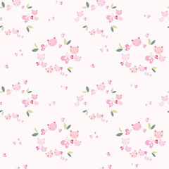 Cute cat wreath seamless pattern with butterflies and leaves on pink background.