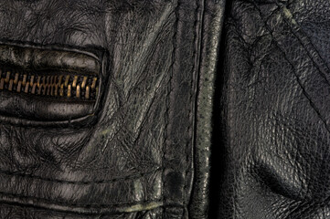 Old vintage genuine soft black leather texture background, top layer with pores and scratches,...