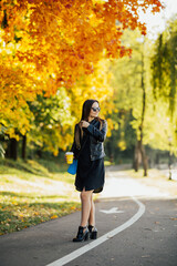 Girl walking on the road. Girl on fabulous background of park with orange autumn leaves. Pretty, stylish smiling girl.