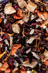 Dried fruit mixture with blend of flavor leaves and petals, floral fruit tea concept