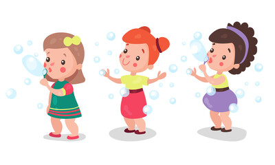 Cute Girls Playing with Soap Bubbles Vector Illustration Set