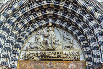 Fragment of Cattedrale di San Lorenzo (Cathedral of Saint Lawrence, 1118) in Genoa, Italy....