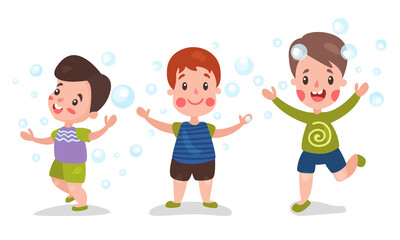 Funny Boys Playing and Blowing Soap Bubbles Vector Illustration Set