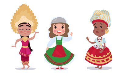 Children Wearing National Costumes of Different Countries Vector Illustration Set