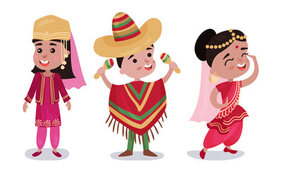Children Wearing National Costumes of Different Countries Vector Illustration Set