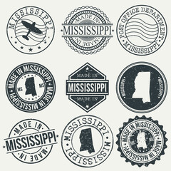 Mississippi Set of Stamps. Travel Stamp. Made In Product. Design Seals Old Style Insignia.
