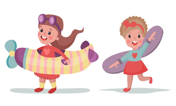 Little Girls in Pilot Costume Playing with Plane Vector Illustration Set