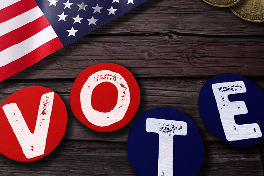 American national symbols with vintage labels with letters to compound word Vote