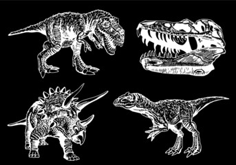 Vector set of dinosaurs, engraved illustration, paleonthology