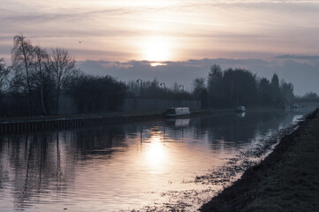 Sunset over a Yorkshire canal, Aire & Calder Navigation at Castleford.
