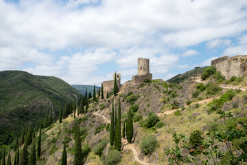 Fototapeta na wymiar Ruins of four medieval cathar castles Lastours in the mountain valley of Pyrenees, France