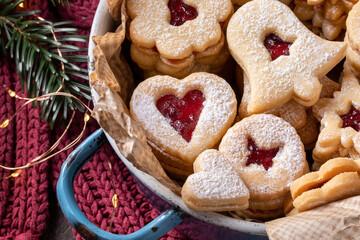Traditional Linzer Christmas cookies filled with marmalade