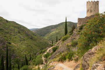 Ruins of four medieval cathar castles Lastours in the mountain valley of Pyrenees, France