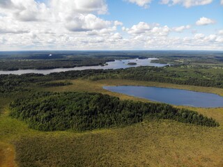 Fototapeta na wymiar Lake in red copper colored swamp aerial view. Ecology nice place. Cloudy summer