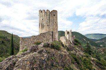 Ruins of four medieval cathar castles Lastours in the mountain valley of Pyrenees, France