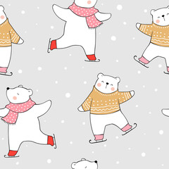 Draw seamless pattern polar bear playing in snow.