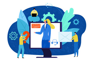 Technical support concept vector illustration. Online customers help, operator in headset in computer. Professional support. Helpdesk consultant by phone. Clients contact technical center.