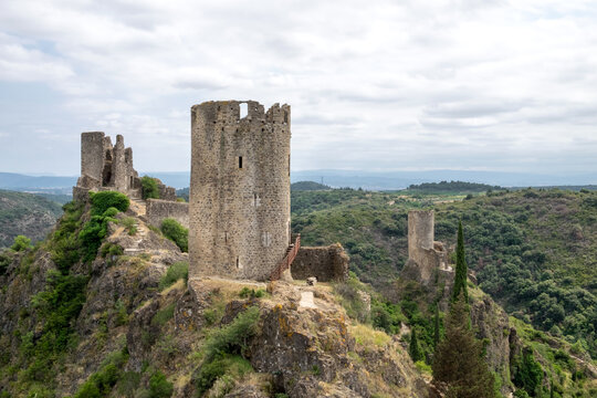 Ruins of four medieval cathar castles Lastours in the mountain valley of Pyrenees, France