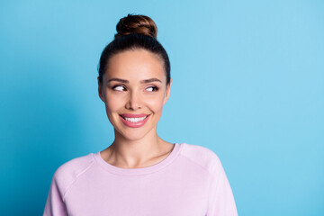 Portrait of nice sweet girl look good copyspace wear lilac pullover isolated over blue color...