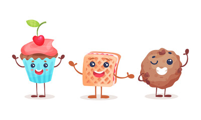 Cute Kawaii Cupcake and Cookie with Face and Arms Vector Set