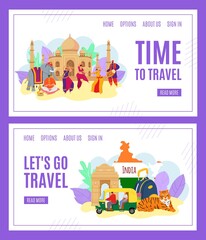 Time to travel, India tourism banners set of vector illustration. India landmark. Indians in traditional dress dancing. Travelling culture symbols, tiger, architecture. Travelers map.