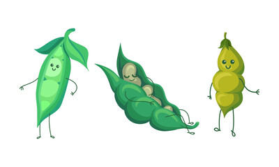 Humanized Green Peas and Beans Pod Smiling Vector Set