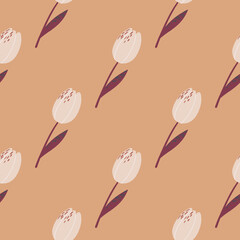 Minimalistic seamless doodle pattern with tulip flowers. Pale orange background. Botanic stylized print.