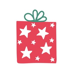 Christmas gift with bright white stars decorations. Funny red box with a surprise inside and green bow. Cartoon vector illustration isolated on a white background