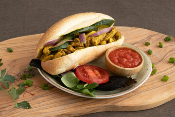 Indian and Surinamese food, curry, sandwiches, soup, Dahl, chicken and vegetables. With codiments like saffron and chilli sauce.