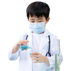 Asia boy wearing a medical suit and protective hygiene mask and place doctor stethoscope on his neck isolated on white background. Pouring the solution from breaker to small cup.