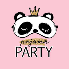 Pajama party card. Cute panda with crown sleep mask. Blindfold Invitation Template, banner, t-shirt print. Golden glitter.