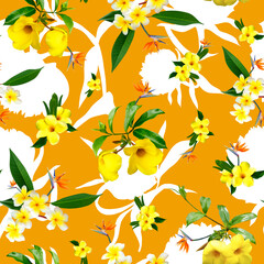 Beautiful seamless floral pattern, orange background with tropical flowers 