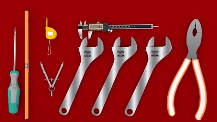 set of tools/ Set of tools isolated on red background