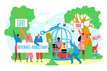 Naklejka premium Internet addiction concept vector illustration of young people using devices such as laptop, smartphone, tablets. People addicted to gadgets with social media adict symbols, slogans of protest.