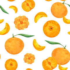 Watercolor tangerine orange citrus fruit seamless pattern on white background
