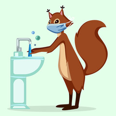 Cute squirrel wash hands in mask COVID illustration cartoon character