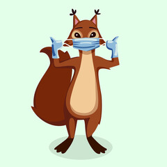 Cute squirrel thumbs up in mask and gloves COVID illustration cartoon character