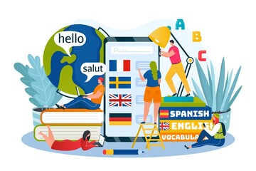Language learning, education and training courses online vector illustration. Foreign languages by internet, phone app, icons for english, german, french. University and school course, dictionary.