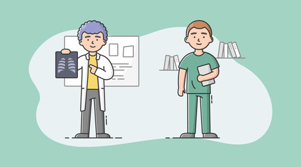 Medical Staff, Healthcare And Medicine Concept. Hospital Staff Men Radiologist With Chest X-Ray In Hand And Surgeon With Tablet, On Duty In Hospital. Cartoon Linear Outline Flat Vector Illustration