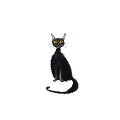 Black cat on white background. Watercolor illustration