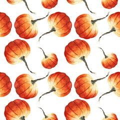 Fototapeta premium Seamless pattern with pumkins on white background. Watercolor illustration.